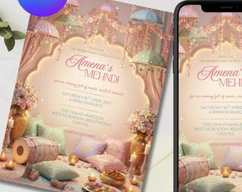 Pastel Mehndi Invitation | Sangeet, Dholki Invite | Muslim Hindu Sikh Desi Wedding Card | Editable Digital Download