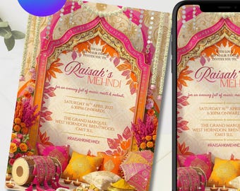 Luxury Mehndi Invitation | Pink Floral Mughal Arch, Dholki Sangeet (Digital Download)