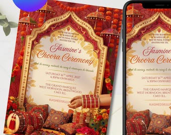Traditional Choora Ceremony Invitation | Punjabi Wedding Invite | Red & Gold Indian Digital Download