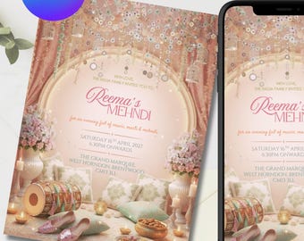 Pastel Mehndi / Sangeet Invitation | Elegant Desi Wedding Canva Template | Editable Invite
