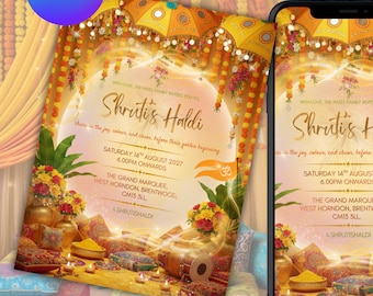 Editable Marigold Haldi Invitation | Indian Dholki Mehndi Invite | Digital Download