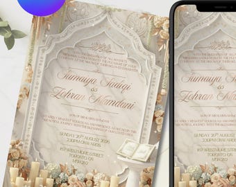 Luxury Marble Nikkah Invitation Template | Elegant Islamic Wedding Invite | Muslim Engagement | Flowers, Quran, Arch