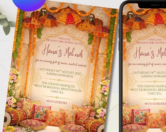 Editable Mughal Mehndi Invitation | Elegant Indian Pakistani Wedding | Jago Dholki Digital Invite | Instant Download