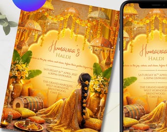 Yellow Haldi/Mayoun/Pithi Invitation | Canva Template | Indian Pakistani Marigold Wedding