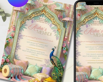 Pastel Mehndi/Dholki/Sangeet Invitation | Pakistani Indian Wedding Invite | Umbrellas, Dhol, Peacock | Editable Digital Download