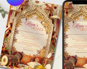 Red & Gold Mehndi/Dholki/Sangeet/Jago Invitation | Indian/Pakistani Wedding Invite | Canva Template | Desi, Jaipur, Dhol, Umbrellas