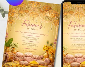 Yellow Mayoun / Haldi Invitation Template | Marigold Mehndi Invite | Pakistani Indian Wedding | Editable Digital Download