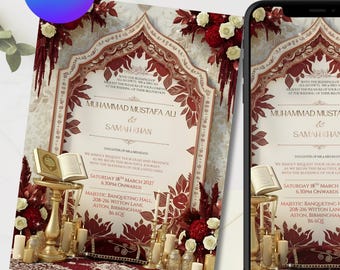 Red Islamic Wedding Invitation | Floral Muslim Nikkah Invite | Burgundy Baraat, Walima, Baat Paki