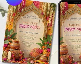 Punjabi Jaggo Invitation Template | Pink Sikh Wedding Invite | Indian Pre-Wedding Invite