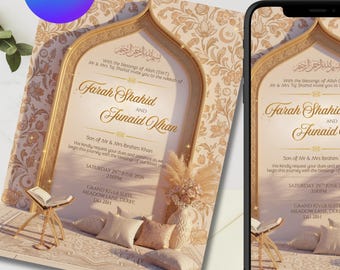 Gold Islamic Nikkah Invitation | Editable Muslim Wedding Invite | Arabic Arch Quran | Digital Download