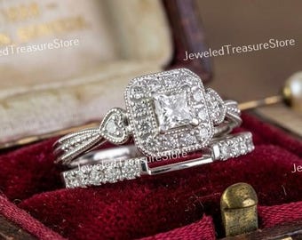 1910s Vintage 1.20 Ct Princess Cut Diamond Art Deco Bridal Set Engagement Ring In 935 Argentium Silver, Retro Antique Bridal Set, Gifts