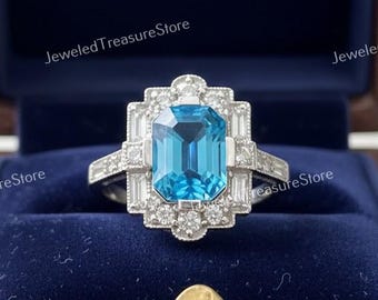 1910 Era Vintage 2.20 Ct Aquamarine Engagement Ring, March Gemstone Ring In 935 Argentium Silver, Art Deco Wedding Ring, Aquamarine Rings