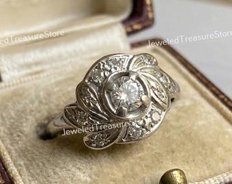 1910s Antique Edwardian 2.10 Cts Round Cut Diamond Engagement Ring In 935 Argentium Silver, Art Nouveau Jewelry, Unique Vintage Ring For Her