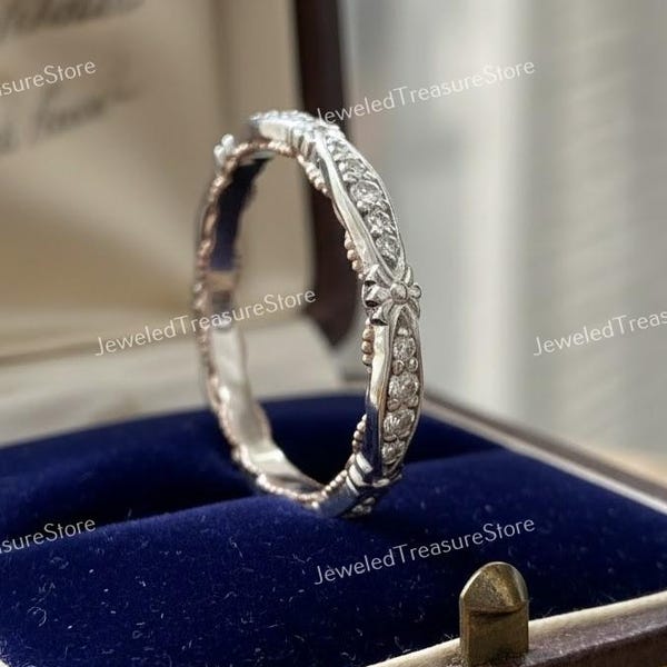 Antyczna obrączka ślubna z diamentami w stylu art déco z lat 1910., pierścionek do łączenia, pierścionek vintage, obrączka wieczności, antyczna obrączka, pierścionek rocznicowy dla niej