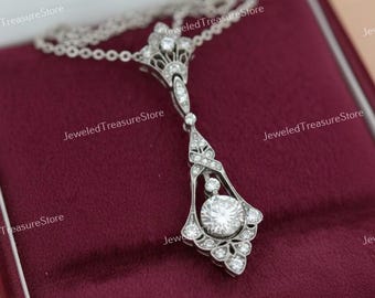 Circa 1910s Art Deco Vintage Pendant, Antique Pendant Necklace, Round Moissanite Edwardian Pendant Art Deco Pendant Necklace Antique Pendant
