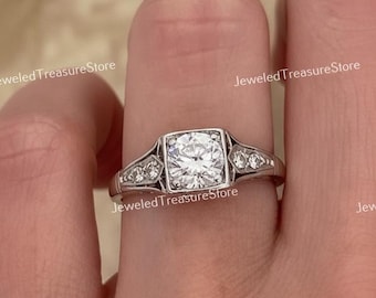 1910s Antique Edwardian 1.50 Ct Old European Diamond Engagement Ring In 935 Argentium Silver, Art Deco Engagement Rings, Mid Century Ring
