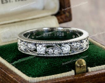 1910s Art Deco Diamond Vintage Band, Estate Edwardian Wedding Band, Eternity Band Moissanite Stacking Band, Matching Band, Antique Band