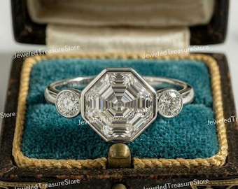 1910s Vintage 2.00 Carat Asscher Cut Diamond Art Deco Engagement Ring In 935 Argentium Silver, Estate Trilogy Ring, Antique Bezel Set Rings