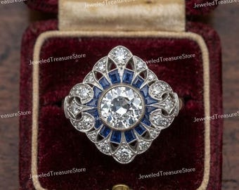 1910s Vintage Edwardian 2.00 Ct Old European Diamond & Sapphire Engagement Ring In 935 Argentium Silver Antique Estate Ring Mid Century Ring