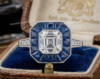 Vintage Circa 1910s Art Deco 2.00 Carat Asscher Cut Diamond Estate Engagement Ring In 935 Argentium Silver, Sapphire Halo Ring For Women's