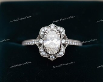 Circa 1910s Art Deco 2.00 Ct Oval Cut Diamond Antique Engagement Ring In 935 Argentium Silver, Edwardian Filigree Ring Vintage Old Mine Ring