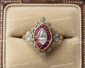 Circa 1910s Antique Edwardian 1.00 Ct Marquise Diamond Art Deco Engagement Ring In 935 Argentium Silver, Ruby Halo Ring. Two Tone Ring Gifts