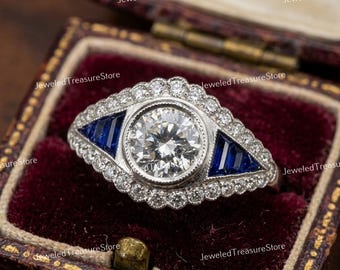 Antique Edwardian 1910s 2.00 Carat Round Cut Diamond & Sapphire Art Deco Engagement Ring In 935 Argentium Silver, Vintage Mid Century Rings