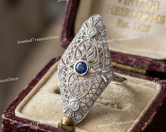 1910s Antique Edwardian 1.00 Ct Sapphire & Diamond Art Deco Engagement Ring In 935 Argentium Silver, Unique Dinner Ring, Long Finger Rings