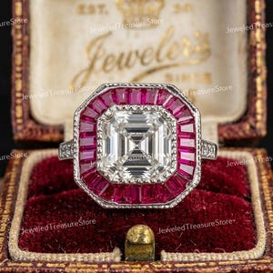 1910s Antique 2.00 Ct Asscher Cut Diamond Engagement Ring In 935 Aregntium Silver Edwardian Ruby Target Halo Ring, Estate Ring, Vintage Ring