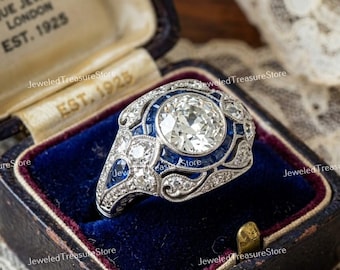 1910s Antique Art Deco 2.00 Carat Round Diamond & Sapphire Engagement Ring In 935 Argentium Silver, Mid Century Ring, Estate Vintage Rings