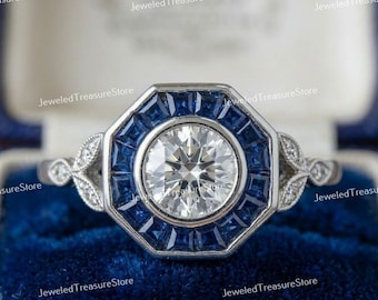 1910s Antique Art Deco 2.00 Carat Round Cut Diamond Engagement Ring In 935 Argentium Silver, Target Halo Sapphire Ring, Mid Century Rings