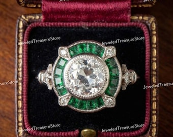 1910s Vintage Edwardian 2.00 Carat Round Cut Diamond & Emerald Art Deco Engagement Ring In 935 Argentium Silver, Antique Estate Ring For Her
