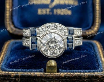1910s Vintage Art Deco Bridal Set, 1.50 Ct Old European Diamond Engagement Ring Set In 935 Argentium Silver, Antique Ring Set Gifts For Her
