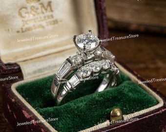 1910s Vintage Art Deco 1.50 Carat Diamond Wedding & Engagement Ring Set In 935 Argentium Silver, Vintage Bridal Set Estate Matching Band Set