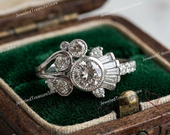 1910s Vintage Round Cut Diamond Engagement Wedding Ring In 935 Argentium Silver Halo Ring, Antique Engagement Rings, Art Deco Ring Gift