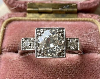 1910s Antique Edwardian 1.80 Carat Old European Diamond Engagement Ring In 935 Argentium Silver, Estate Trilogy Ring, Vintage Art Deco Ring