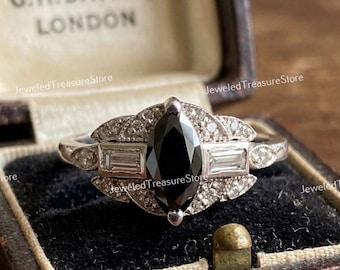 Circa 1910s Vintage 1.50 Carat Black Marquise Diamond Art Deco Engagement Ring In 935 Argentium Silver, Black Onyx Ring Estate Art Deco Ring