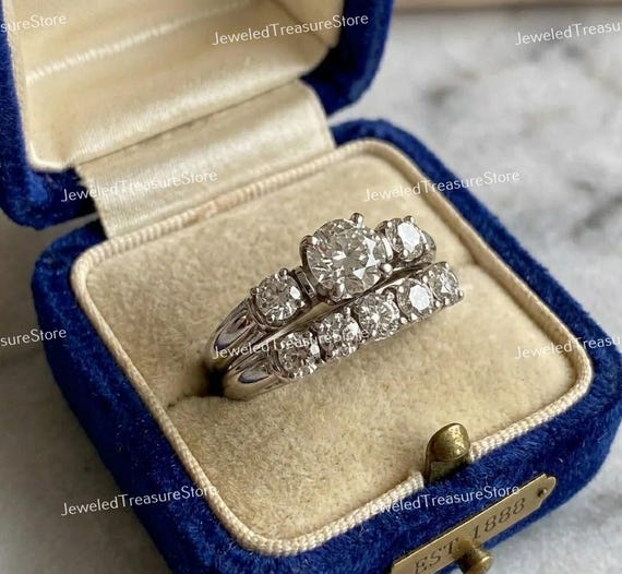 Circa 1910s Vintage Art Deco Bridal Set, 1.50 Ct Old European Diamond Engagement Ring Set In 935 Argentium Silver, Antique Ring Set, Gifts