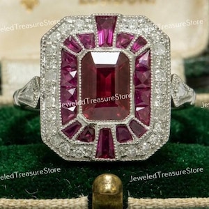 1910s Vintage Edwardian 2.00 Ct Ruby Diamond Art Deco Engagement Ring In 935 Argentium Silver, Target Halo Diamond Ring, Edwardian Rings