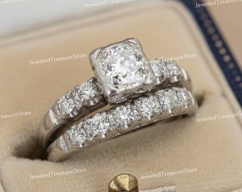 Circa 1910s Vintage 2.00 Cts Old European Diamond Art Deco Bridal Set Engagement Ring In 935 Argentium Silver, Womens Antique Ring Set