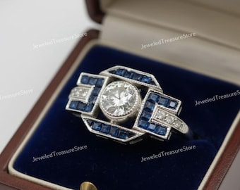 Retro Art Deco Circa 1910s 2.00 Carat Old European Diamond & Sapphire Engagement Ring In 935 Argentium Silver, Bezel Set Estate Ring For Her