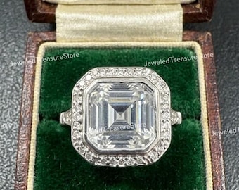 1910s Vintage 3.00 Ct Asscher Cut Diamond Art Deco Engagement Ring In 935 Argentium Silver, Target Halo Antique Ring, Estate European Ring