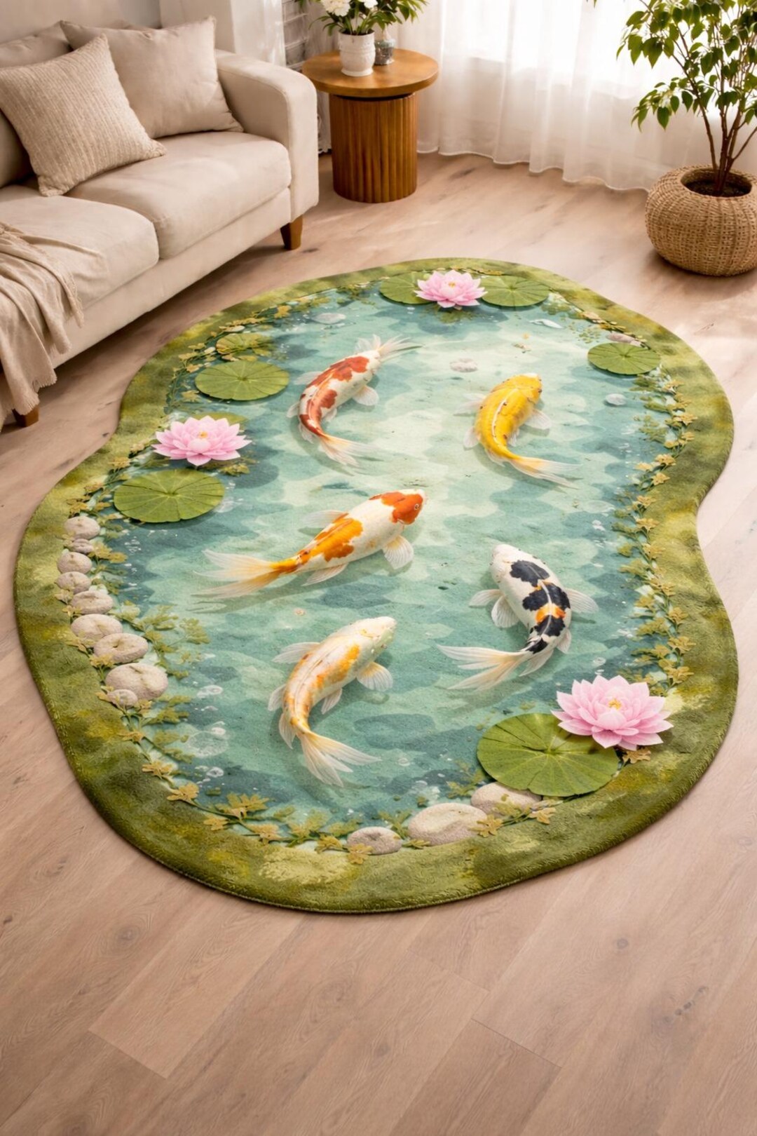 Aquatic Rug Koi Pond Area Rug With Realistic Fish and Lotus Design, Zen Water ...