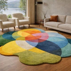 May include: A vibrant, abstract rug with a floral pattern. The rug showcases overlapping circles in green, yellow, blue, orange, and pink. It's placed on a wooden floor in a living room, creating a focal point in the space.