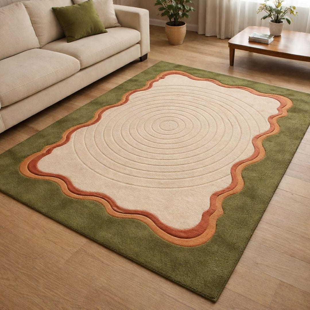 Modern Abstract Area Rug With Olive Green Border, Cream Center, and ...