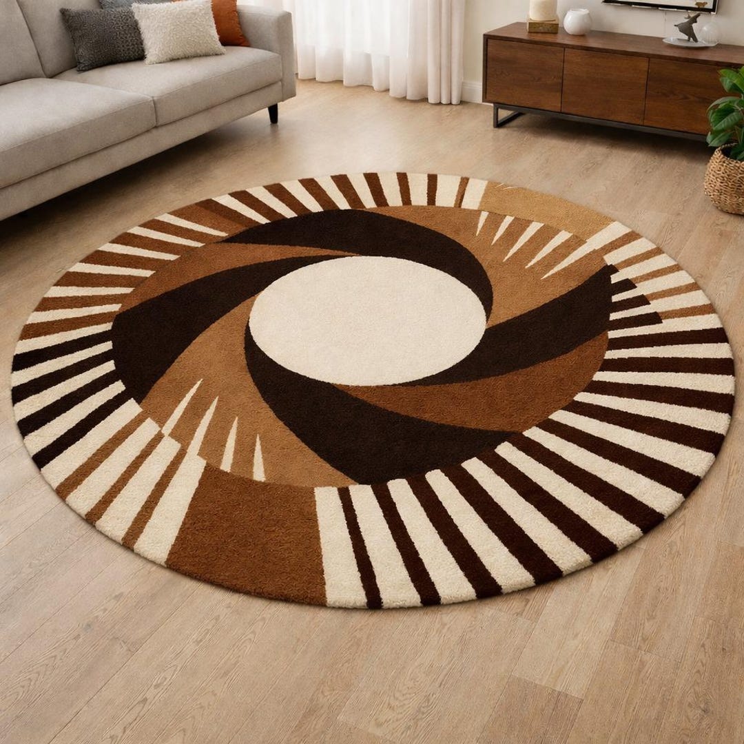 Large 8x8 FT Round Brown Geometric Area Rug, Modern Abstract Circle ...
