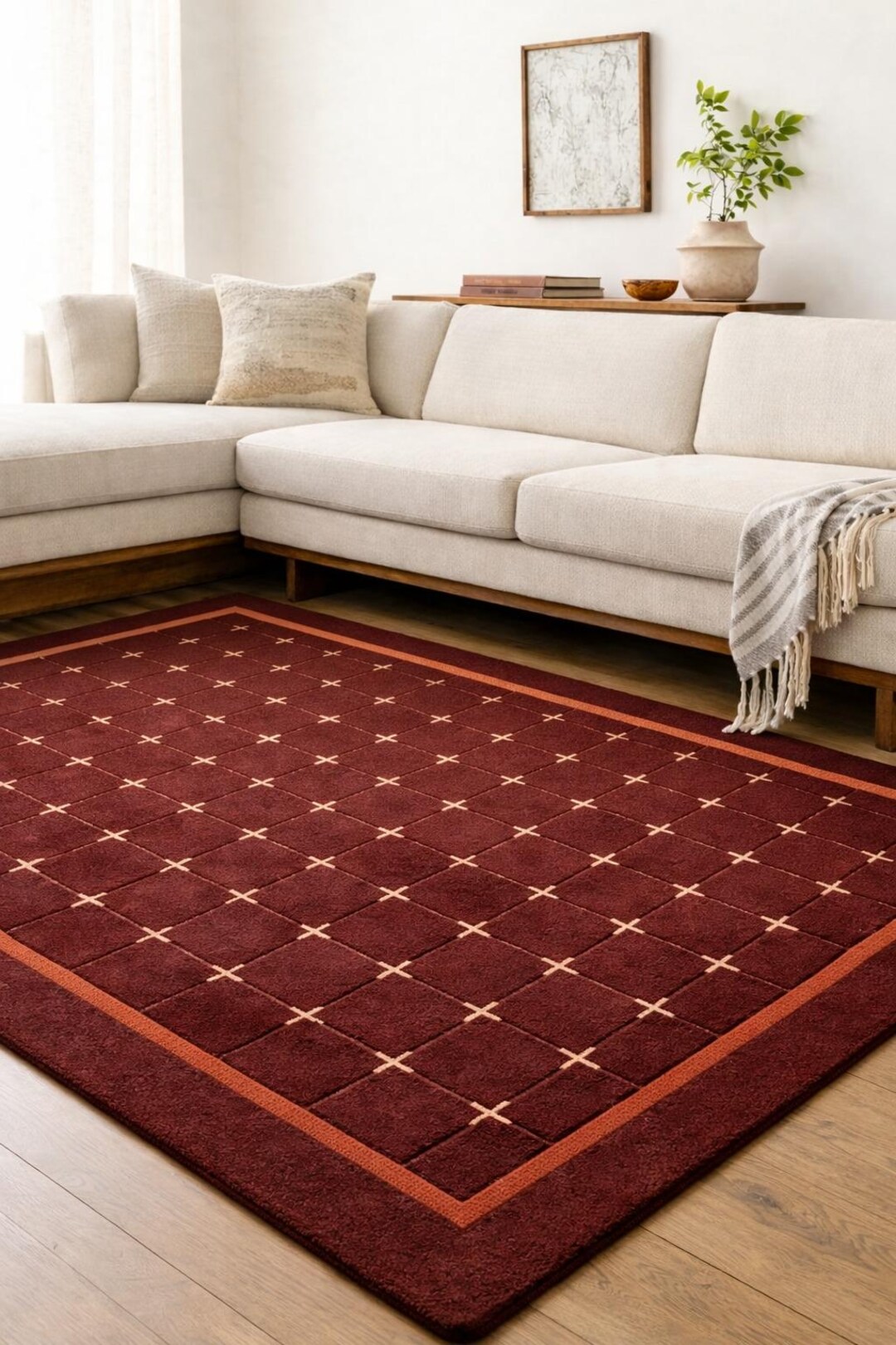 Modern Abstract Wool Area Rug, Hand Tufted Terracotta Red Rug With ...