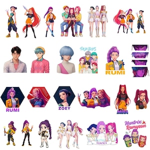 May include: A collection of colorful digital illustrations featuring various characters. The images include stylized portraits, group shots, and character designs with text labels like "RUMI" and "ZOEY". The artwork showcases a range of vibrant colors and dynamic poses.