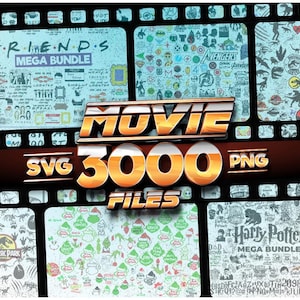 Może przedstawiać: Cyfrowy pakiet projektów graficznych z plikami SVG i PNG o tematyce filmowej. Projekt zawiera tekst "MOVIE SVG 3000 PNG FILES". Obraz zawiera również grafikę z seriali telewizyjnych "Friends", "Avengers", "Jurassic Park" i "Harry Potter".