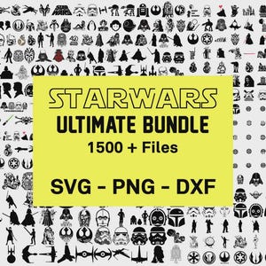 以下が含まれることがあります： 黒と白のスターウォーズをテーマにしたグラフィックのコレクション。さまざまなキャラクター、ロゴ、シルエットが含まれています。黄色の長方形には「STARWARS ULTIMATE BUNDLE 1500+ FILES SVG - PNG - DXX」というテキストが表示されています。